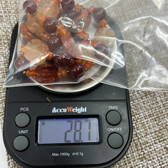 Vintage Amber & Red Jasper Flower Bead Necklace - 925 Silver, Adjustable 16-20" - Picture 8 of 11